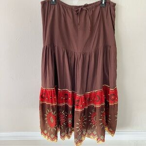 Vintage Brown Boho Floral Maxi Broom Skirt